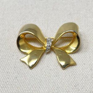 Gold-Tone Bow Brooch‎ With Rhinestone Accents Marked